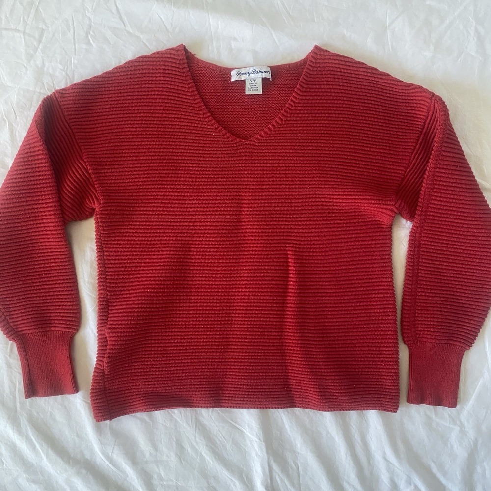 Tommy Bahama Women's Small Red Sequin Sweater Knit Holiday Casual V Neck